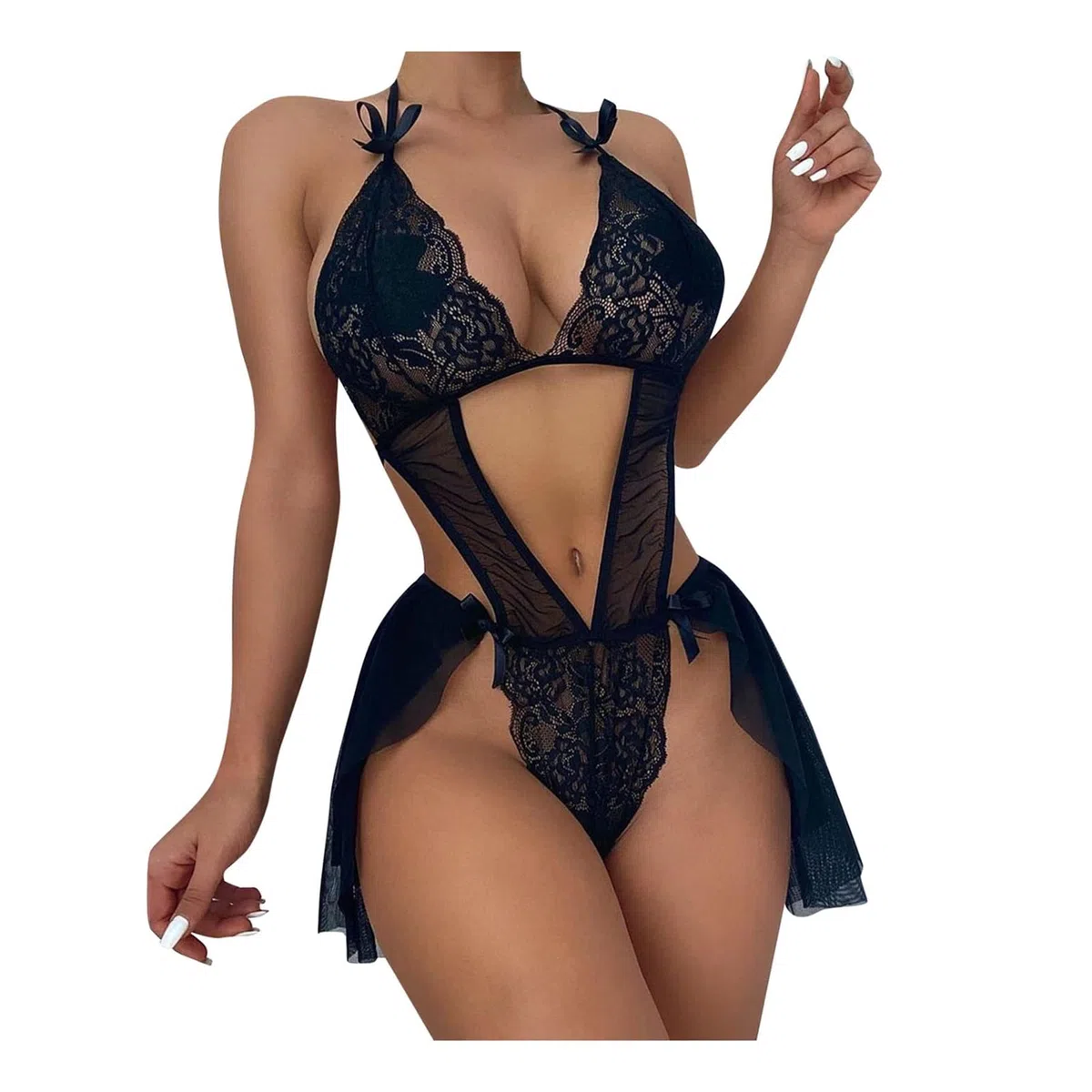 Costumes Dentelle sous-vêtements pour Femmes Évider Lingerie Sexy Col en V Halter (Couleur : A, Taille : XXL Code) (Code AS)