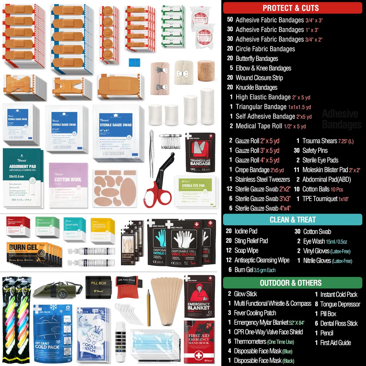 Kit de premiers secours 430 pièces, bien organisé, étanche, compact pour toute urgence, idéal pour la maison, le bureau, la voiture, les voyages, l'extérieur, le camping, la randonnée, le bateau