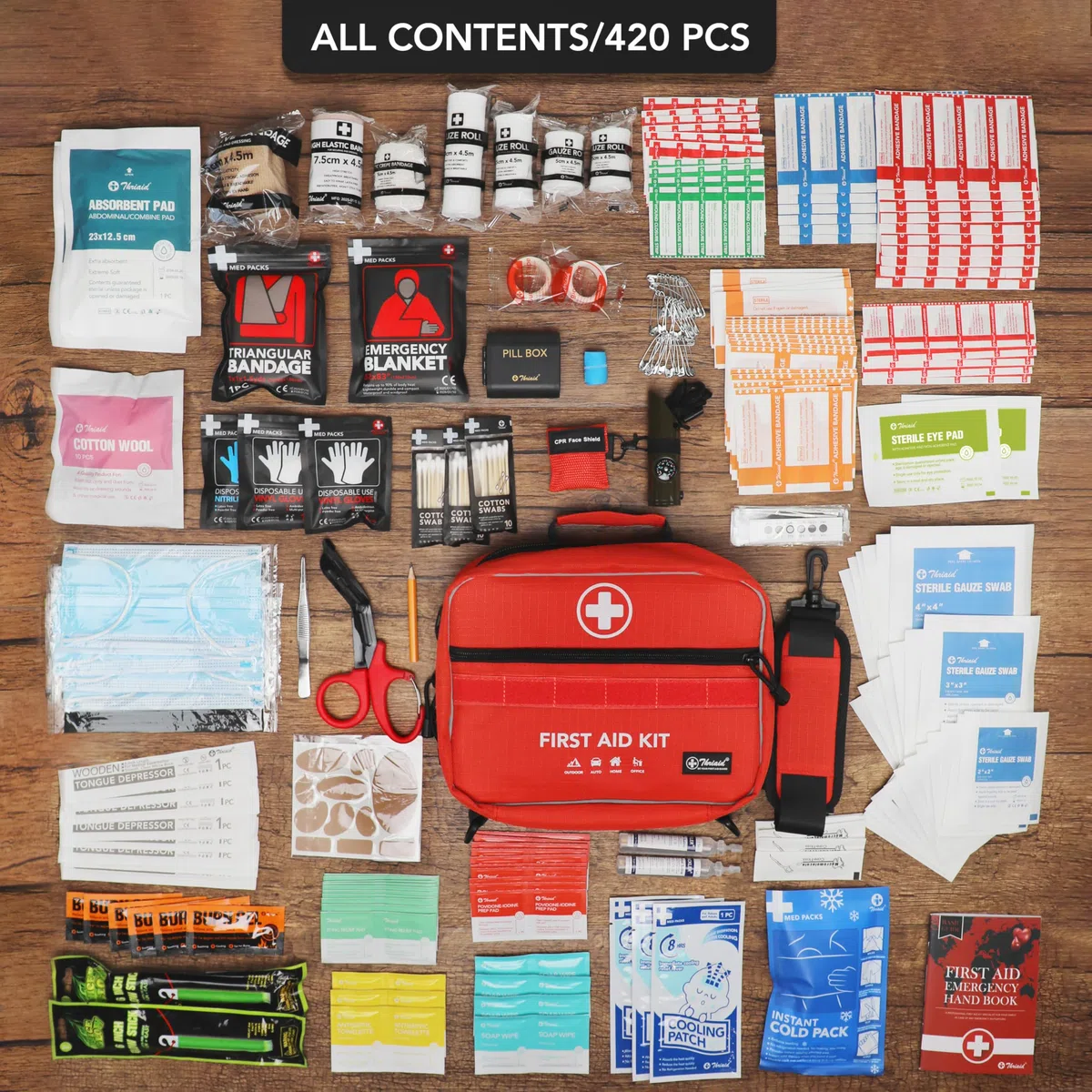 Kit de premiers secours 430 pièces, bien organisé, étanche, compact pour toute urgence, idéal pour la maison, le bureau, la voiture, les voyages, l'extérieur, le camping, la randonnée, le bateau